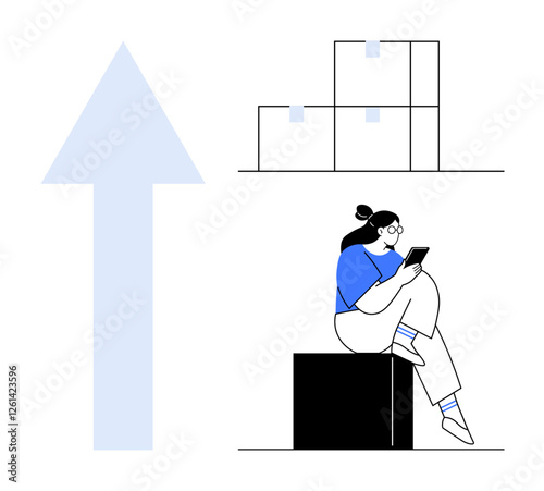 Woman with smartphone sitting on a box next to large upward arrow, stacked boxes. Ideal for business growth, logistics, productivity, shipping, technology, planning motivation. Line metaphor