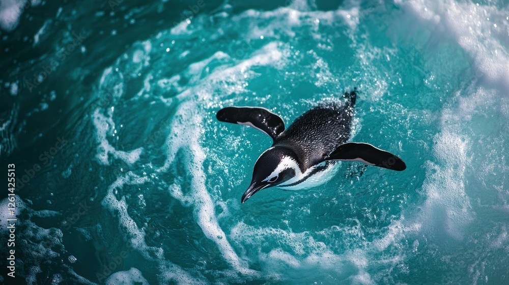 Fototapeta premium Penguin diving, ocean, splash, wildlife, antarctica, nature, travel, adventure, documentary