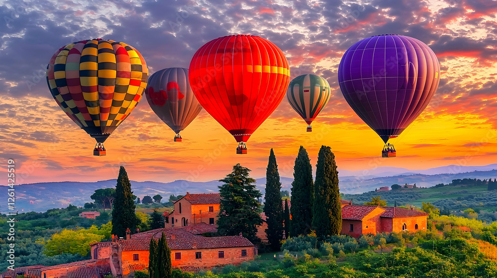 Obraz premium Colorful hot air balloons soar over Tuscan countryside at sunrise; idyllic travel poster
