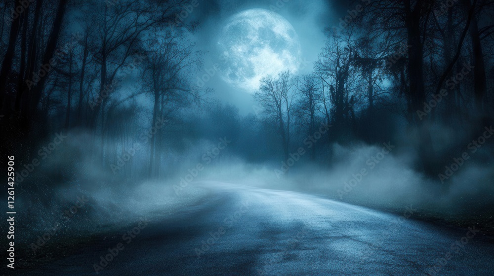 Obraz premium Spooky Forest Fog with Moonlit Bokeh Effect on Asphalt Road for Horror-Themed Projects