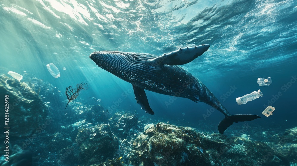Fototapeta premium Humpback Whale Navigating Polluted Ocean Waters Amidst Plastic Debris