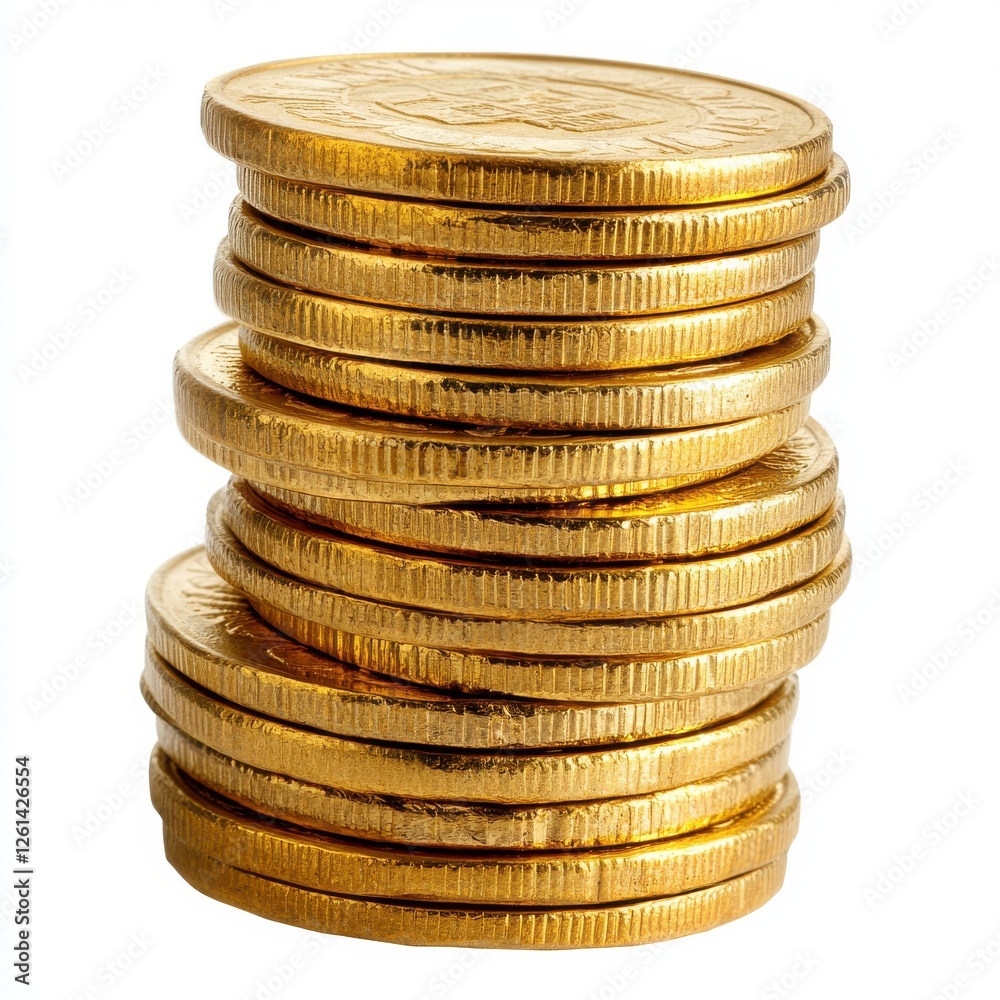 Stacked Gold Coins with Shiny Surface Reflecting Light in a White Background, Perfect for Financial or Investment Concepts and Related Imagery Stacked Gold Coins with Shiny Surface Reflecting Light in a White Background, Perfect for Financial or Investment Concepts and Related Imagery