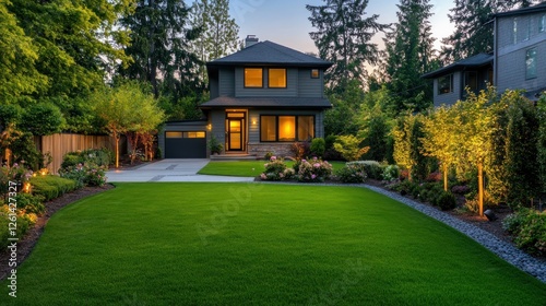 Idyllic suburban house showcasing meticulously landscaped lawn and garden