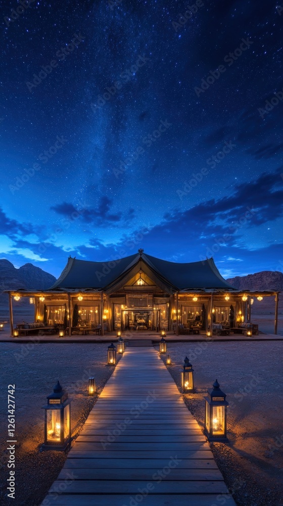 Fototapeta premium A wooden lodge beneath a vibrant night sky, dotted with numerous stars and the milky way. A walkway of light brown wooden planks leads to the entrance of the lodge. Numerous lanterns placed along the
