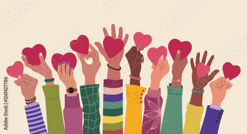 Group of multiracial hands raised up holding hearts. Volunteering, charity, donation concept. Hand drawn vector vector illustration isolated on light background, flat cartoon style.