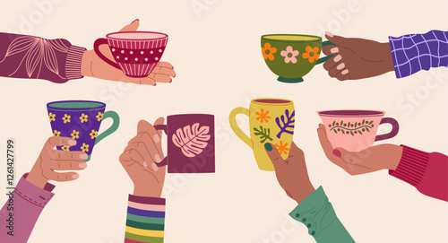 Different hands holding cups of tea or coffee. Hand drawn vector illustration isolated on light background, modern flat cartoon style.
