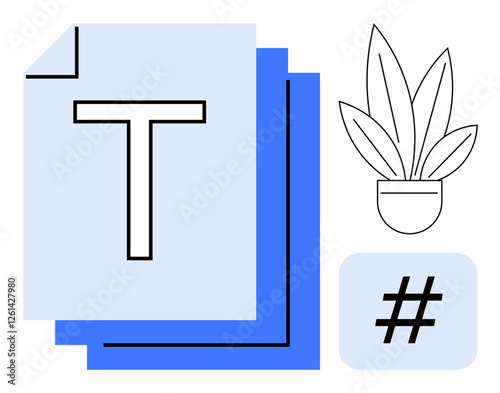 Stack of documents with a large T symbol representing text. Accompanied by a potted plant and a metadata tag. Ideal for office organization, digital documentation, content creation, productivity