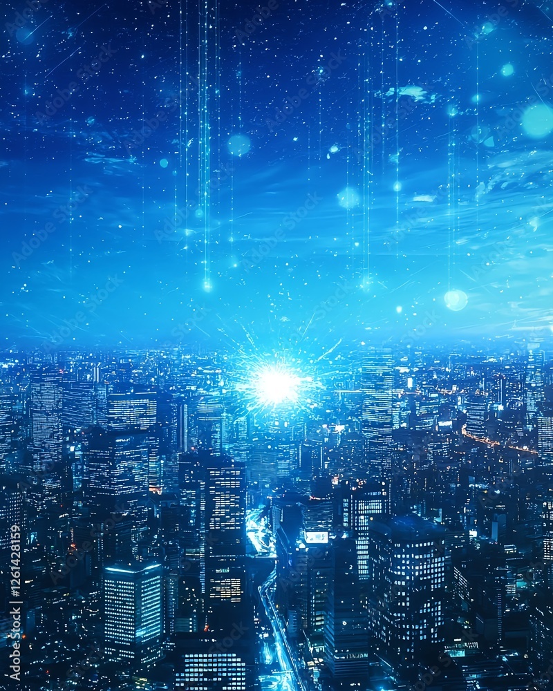 Obraz premium A futuristic cityscape featuring towering skyscrapers, neon lights, and advanced technology