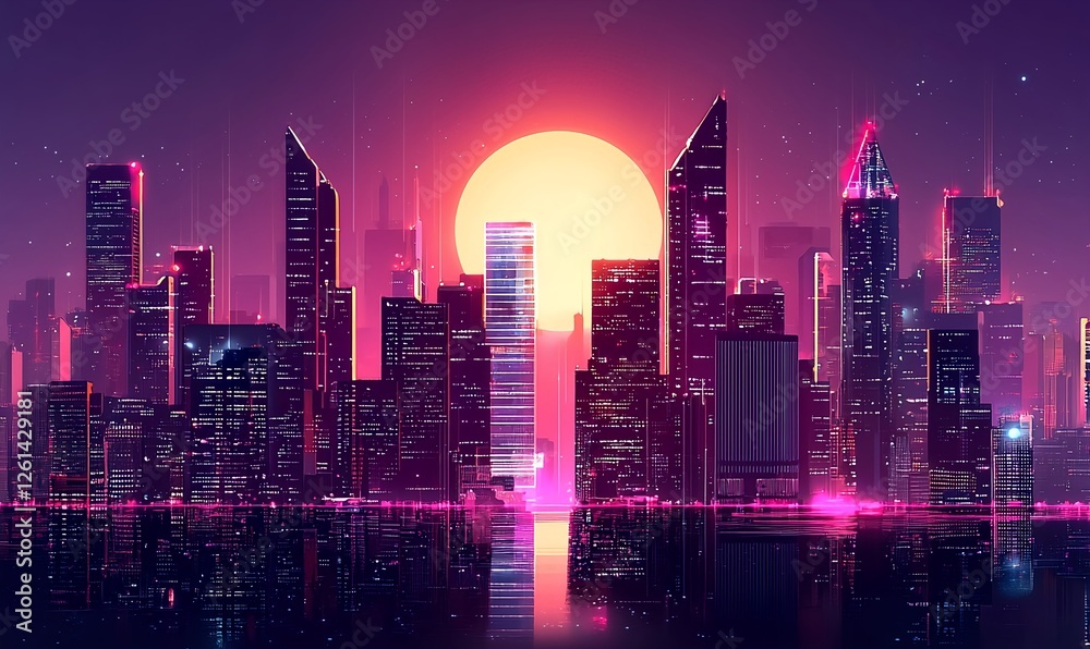 Fototapeta premium A futuristic cityscape featuring towering skyscrapers, neon lights, and advanced technology