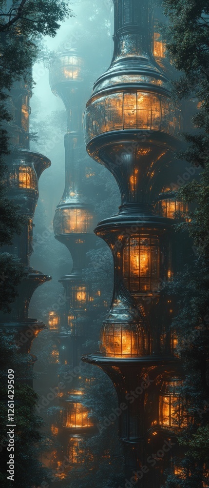 Illuminated futuristic dwellings nestled within a misty forest. Illuminated futuristic dwellings nestled within a misty forest.