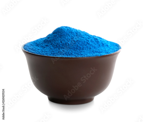 Blue pigment in bowl on white background