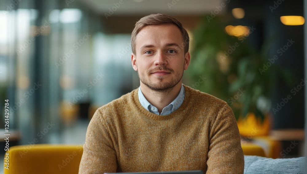 Fototapeta premium Young man with light brown hair and neutral sweater sitting at the table with laptop in modern indoor workspace smiling and looking directly at the camera