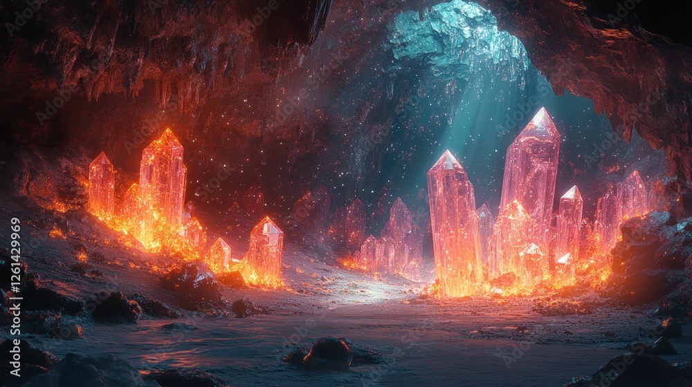 Fototapeta premium Fiery crystals illuminate mystical cave interior
