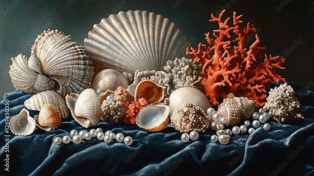 Obraz premium Seashells pearls coral velvet elegant still life