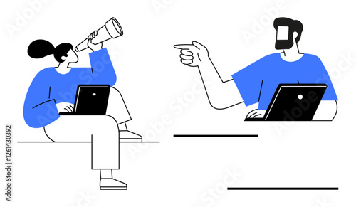 Man pointing while woman looks through telescope, both with laptops. Ideal for communication, teamwork, remote work, strategy planning, project management, innovation digital interaction. Abstract