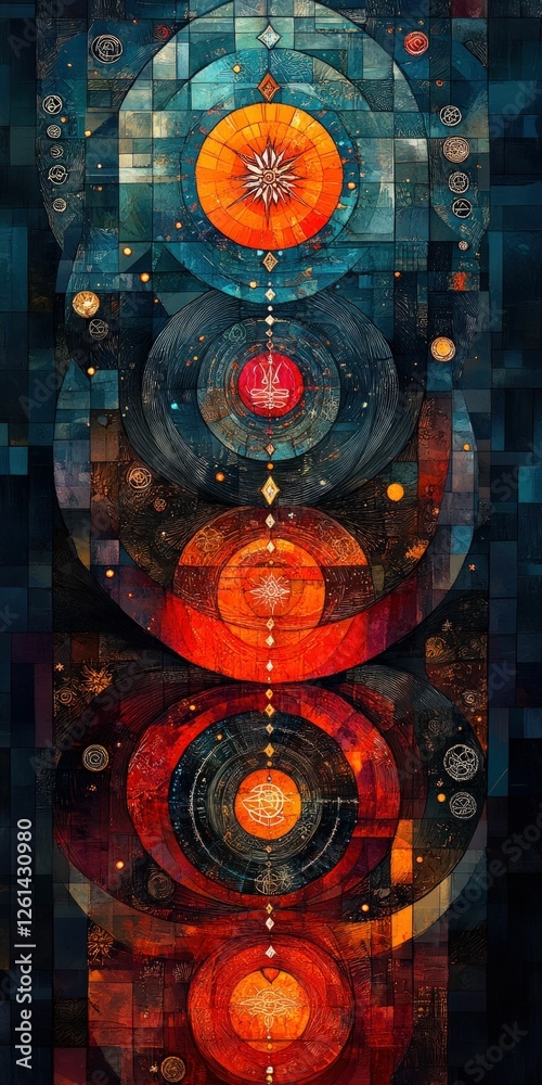 Obraz premium Abstract mosaic artwork cosmic circles fiery hues