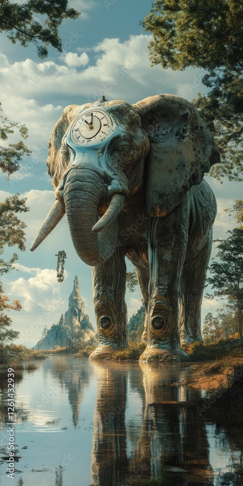 Fototapeta premium Clockwork elephant stands serene by tranquil lake
