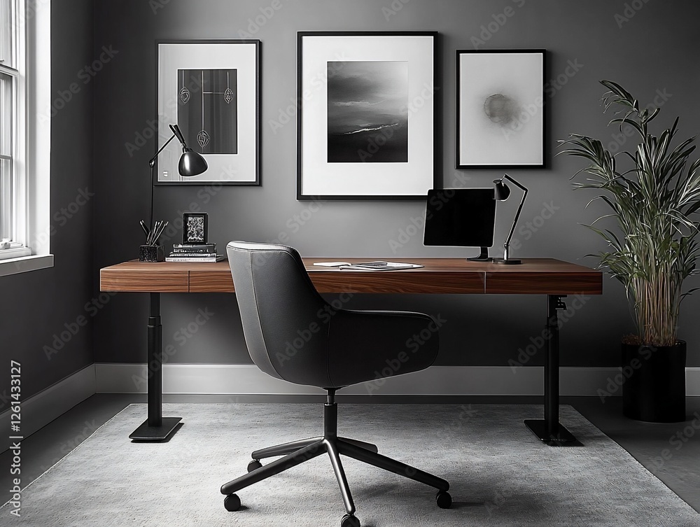 Modern home office with adjustable desk, chair, and artwork. Modern home office with adjustable desk, chair, and artwork.