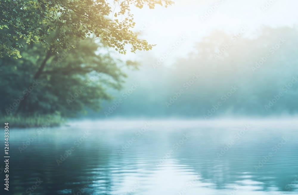 Serene misty lake at sunrise, tranquil water reflects trees and sunlight. Serene misty lake at sunrise, tranquil water reflects trees and sunlight.