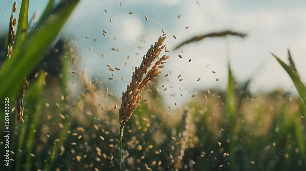 Rice grains scattering, harvest, field, sunset, agriculture, food production Rice grains scattering, harvest, field, sunset, agriculture, food production