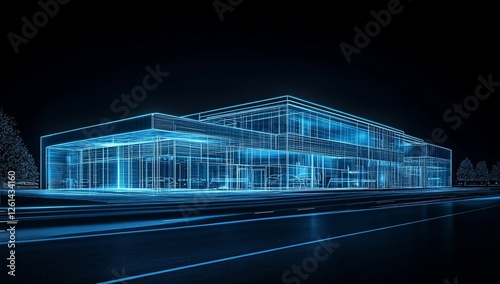 Futuristic building architectural wireframe model at night.