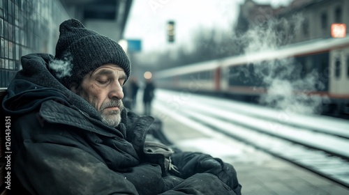 Elderly homeless man sleeps on a cold train station bench.