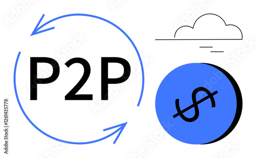P2P text circled by arrows, blue dollar coin beside cloud. Ideal for finance, technology, blockchain, decentralization, digital wallets, fintech peer-to-peer networks. Abstract line flat metaphor