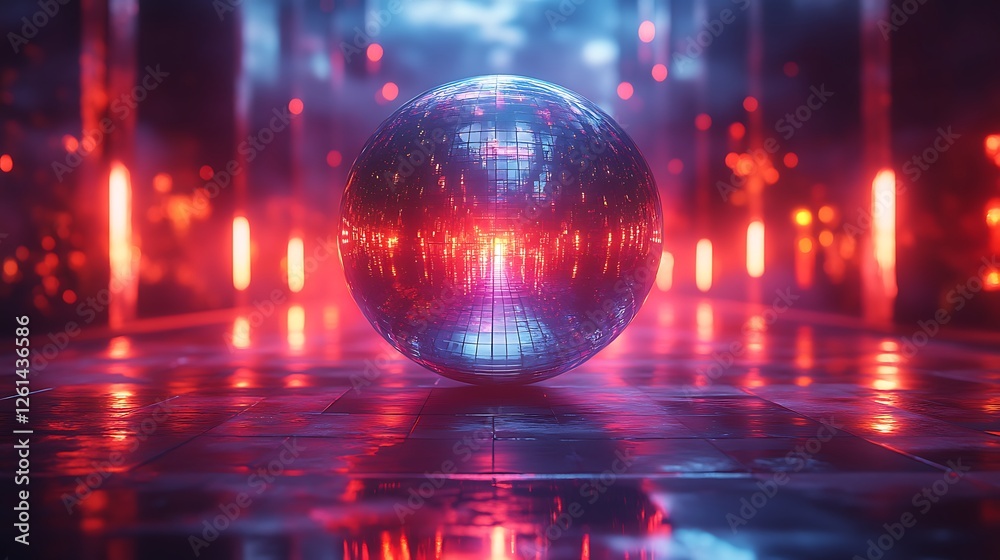 Sparkling disco ball surrounded by vibrant neon party lights setting a festive mood image Sparkling disco ball surrounded by vibrant neon party lights setting a festive mood image