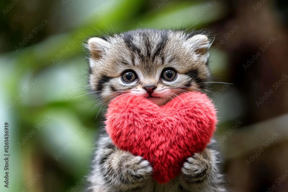 Obraz premium Commercial animal conceptual art. Manul - my cherished animal. Cute manul baby with fluffy red heart on in a natural habitat. Romantic valentine's day illustration. Love in the wild. Wild lov.