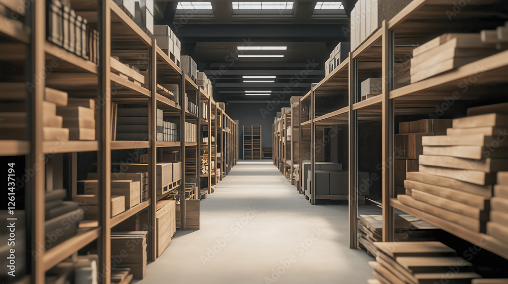 Obraz premium Warehouse Interior in Soft Focus Featuring Industrial Storage of Furniture Merchandise, Wooden Materials, and Construction Supplies with Long Aisles and Tall Shelving