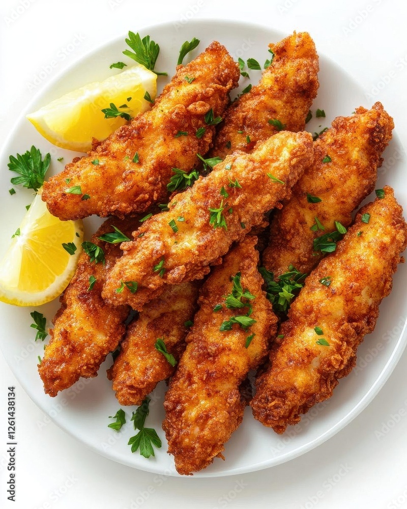 Crispy Fried Chicken Strips on Plate with Garnish Isolated Crispy Fried Chicken Strips on Plate with Garnish Isolated