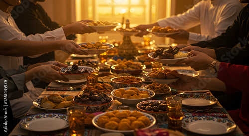 Family gathering enjoying delicious festive middle eastern food feast traditional dishes warm lighting home setting meal on transparent background photo