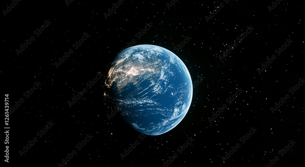 A stunning view of planet Earth from space, showcasing illuminated city lights on the surface and surrounded by the vast darkness of the cosmos with distant stars. A stunning view of planet Earth from space, showcasing illuminated city lights on the surface and surrounded by the vast darkness of the cosmos with distant stars.