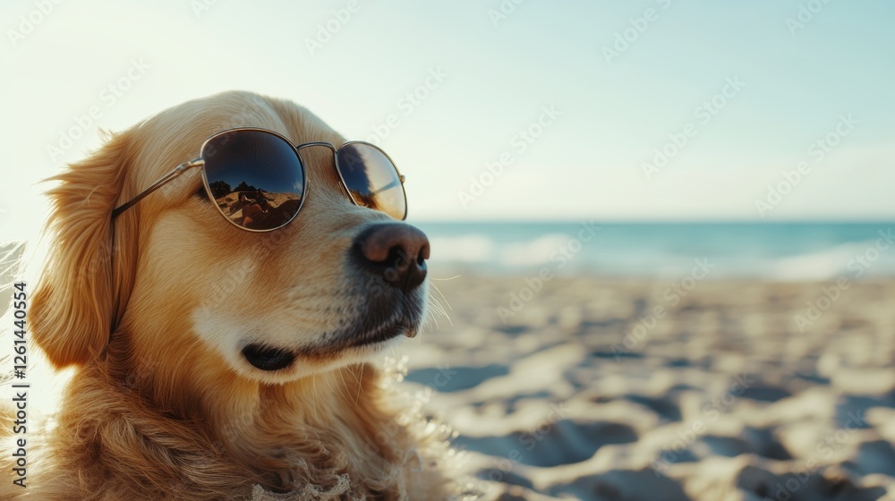 Golden retriever relaxes on the beach wearing sunglasses under the bright sun by the ocean Golden retriever relaxes on the beach wearing sunglasses under the bright sun by the ocean