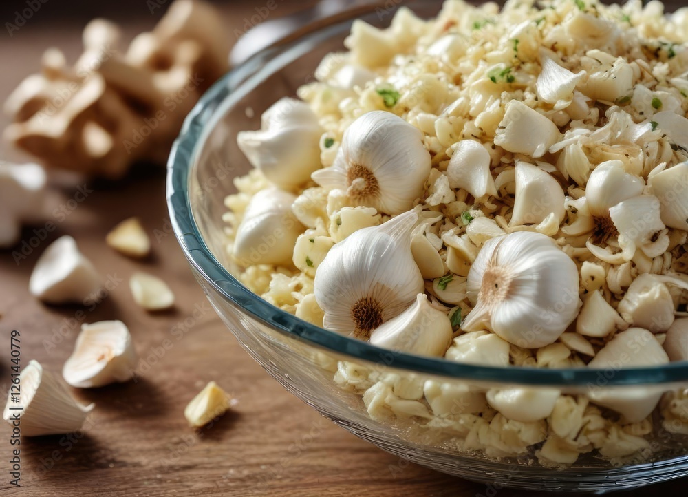 Closer view of minced garlic in a glass bowl with some scattered cloves on the rim , small bulbs, vegetable element Closer view of minced garlic in a glass bowl with some scattered cloves on the rim , small bulbs, vegetable element