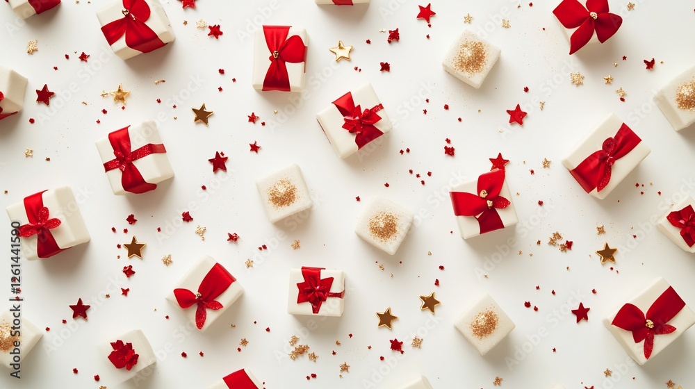 Flat lay of small white gift boxes with red ribbons and gold stars on white background. Flat lay of small white gift boxes with red ribbons and gold stars on white background.