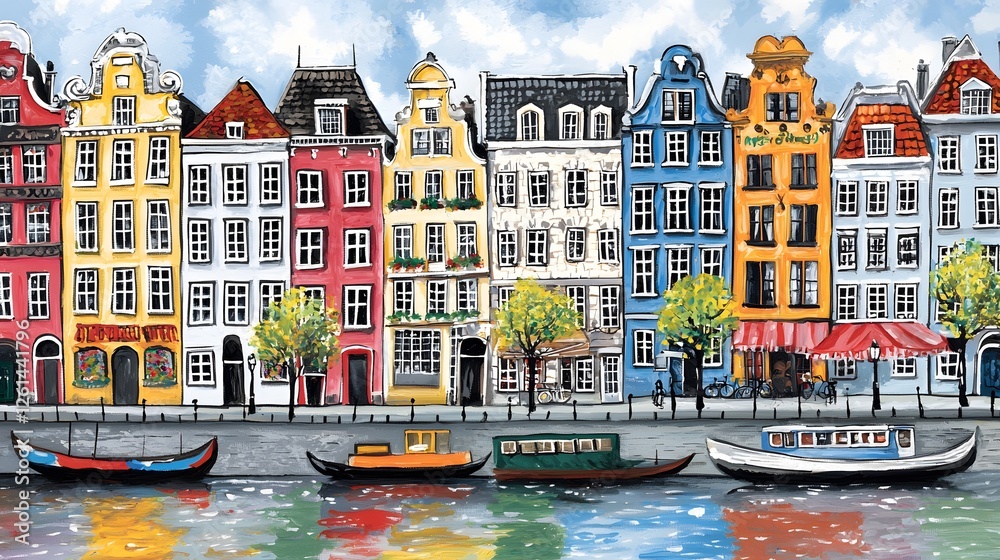 Obraz premium Colorful Canal Houses and Boats in a Vibrant Waterfront Scene