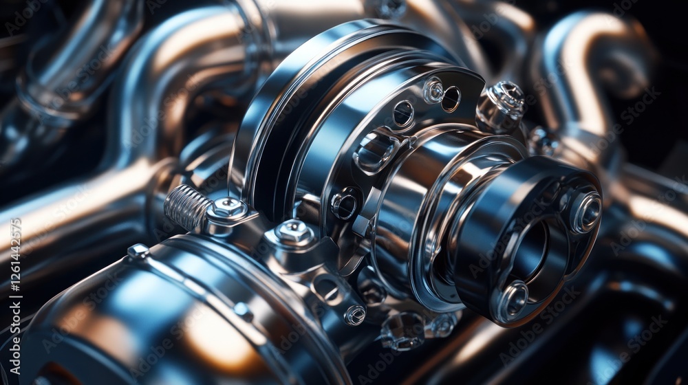 A close-up view of a shiny turbocharger showcasing intricate metal components. A close-up view of a shiny turbocharger showcasing intricate metal components.