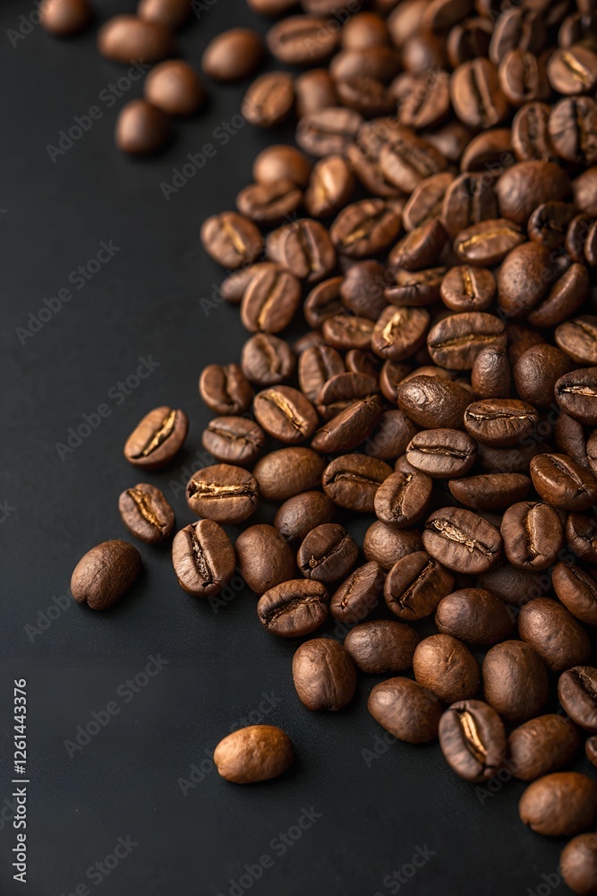 Naklejka premium Close-Up of Coffee Beans on Black Background, Showcasing Texture and Shine