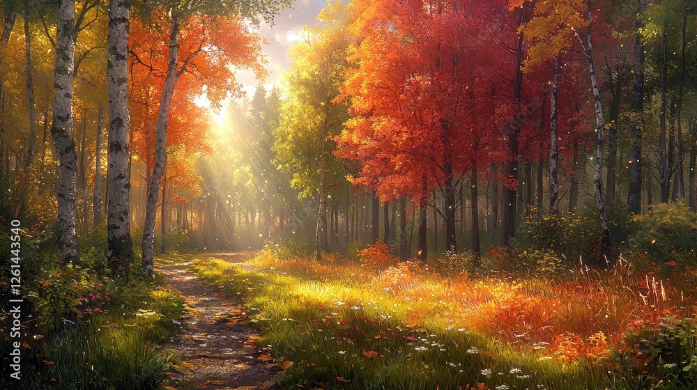 Fototapeta premium Autumn Forest Path: Sunlit Colors and Tranquil Scenery