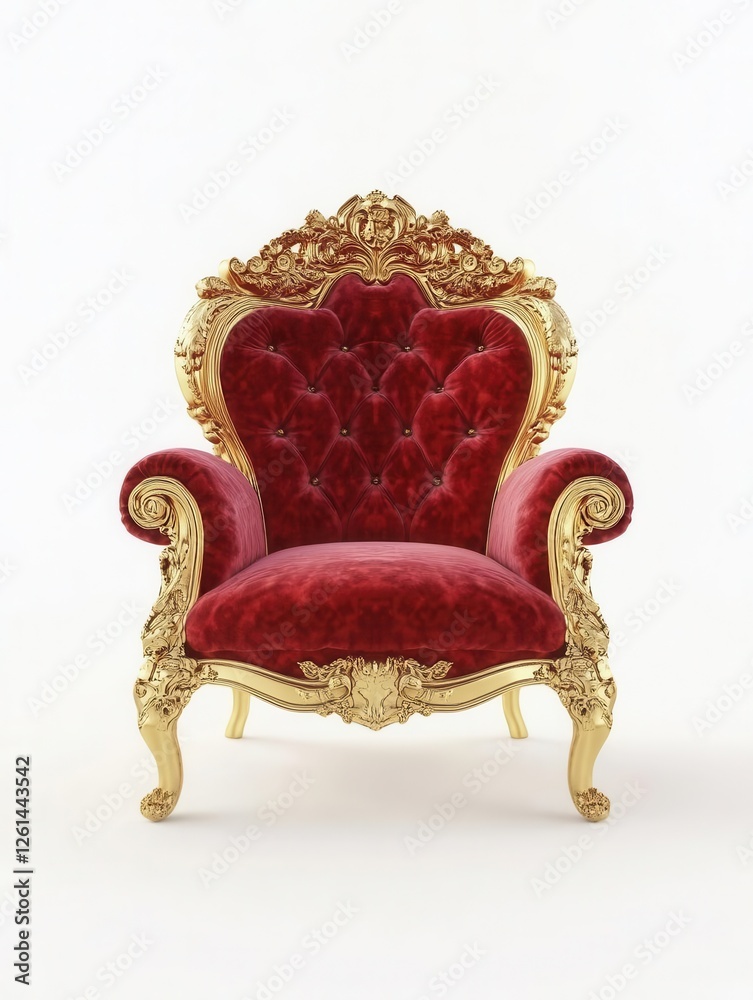 Luxury Throne Isolated on White Background with Ornate Gold Details and Velvet Upholstery Luxury Throne Isolated on White Background with Ornate Gold Details and Velvet Upholstery
