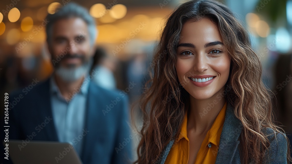 Fototapeta premium Businesswoman holding a laptop smiling while standing next to a business colleague in a professional setting