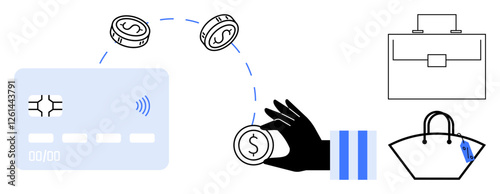 Hand tossing coins towards a credit card, briefcase, and shopping bag signifies financial transactions, digital payments, shopping, commerce, investment, and business. Ideal for fintech e-commerce