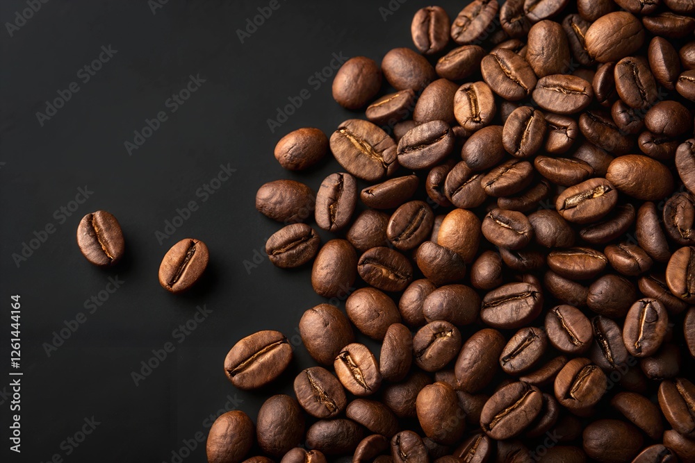 Obraz premium Close-Up of Coffee Beans on Black Background, Showcasing Texture and Shine