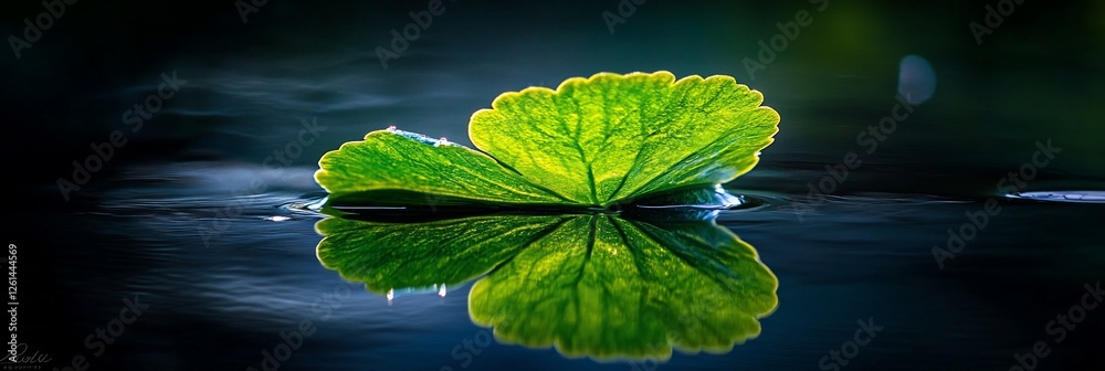 Single green leaf floats on dark water, reflecting perfectly. Single green leaf floats on dark water, reflecting perfectly.