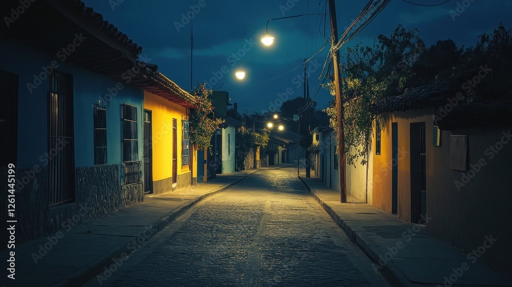 Cobblestone street under a starlit sky in colonial town atmosphere Cobblestone street under a starlit sky in colonial town atmosphere