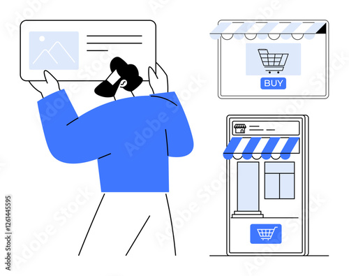 Man holding a tablet device, observing an online storefront, while additional storefronts are visible. Ideal for e-commerce, online shopping, digital marketing, virtual stores, mobile purchases
