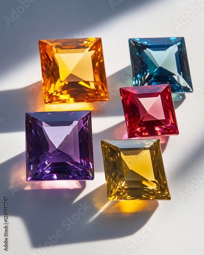 Five vibrant, square-cut gemstones; orange, purple, red, yellow, blue; displayed on a white surface with dramatic lighting. photo