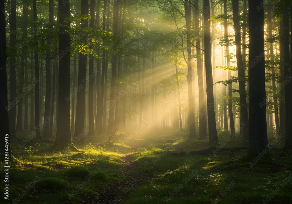 Fototapeta premium Sunlight Filters Through Dense Trees, Illuminating The Tranquil Forest Scene