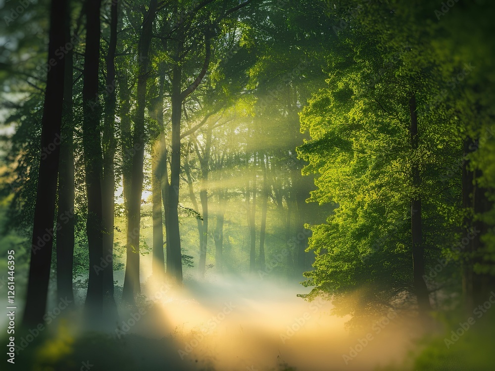 Fototapeta premium Sunlight Filters Through Dense Trees, Illuminating The Tranquil Forest Scene